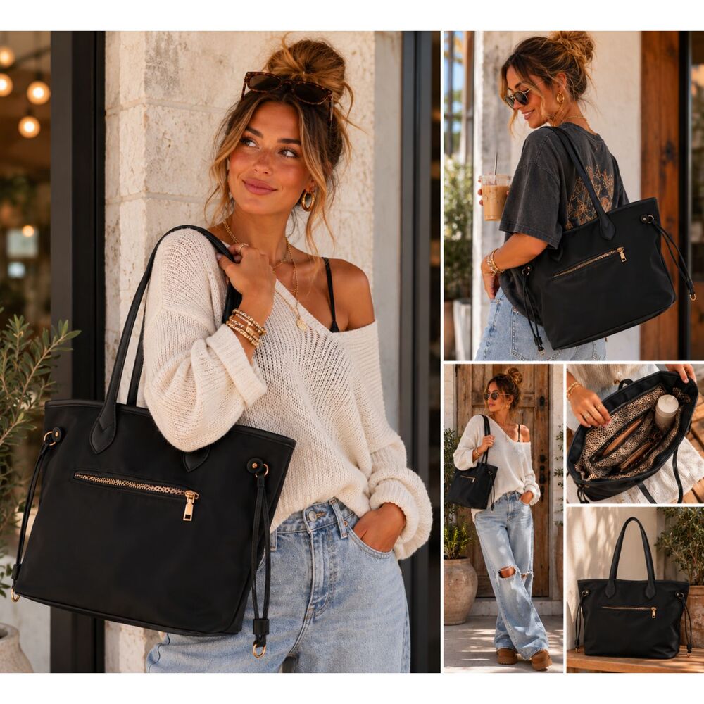 Black Nylon Tote Bag Cinched Drawstring Side Leopard Print Lining Gold Hardware